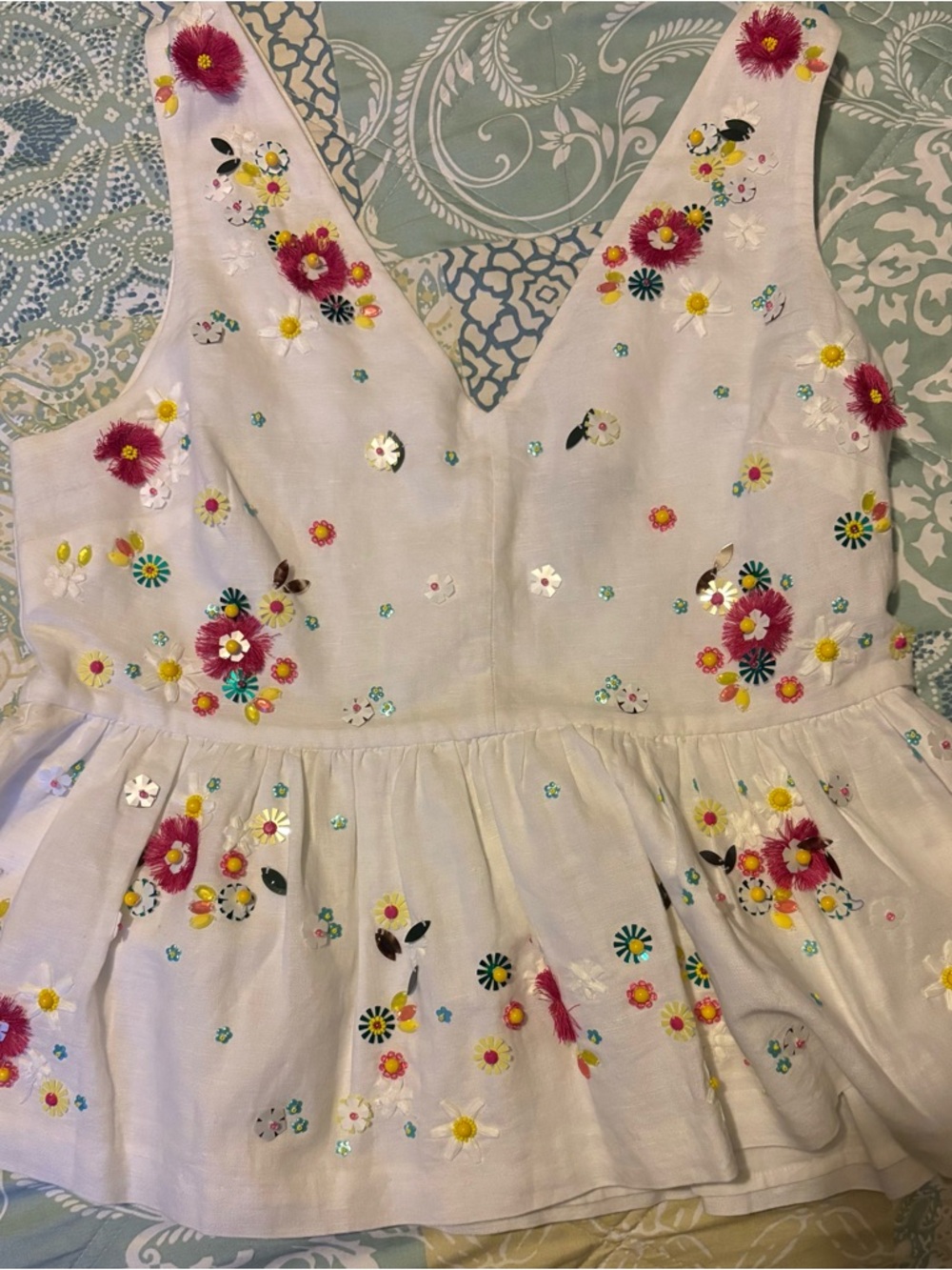 J. Crew White Sleeveless Peplum Top with Pink & Yellow Floral Embroidery